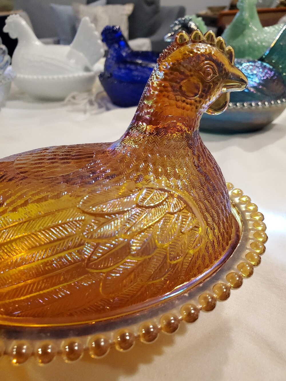 Indiana Glass Beaded Edge Marigold Golden Carnival Hen On Nest Candy - Picture 5 of 10